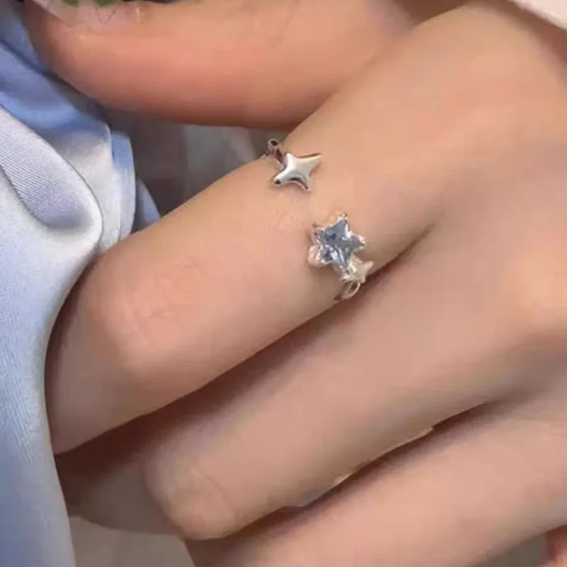 Silver Stars Ring for Women Blue Crystal Opening Sweet Romance Irregular Versatile Jewelry Gift New