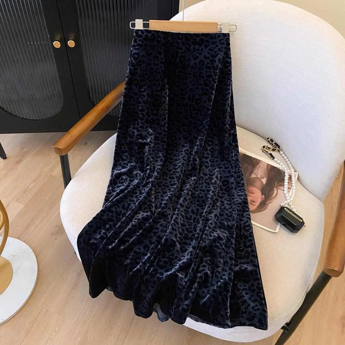 Autumn Women Clothing Vintage Leopard High Waist A-line Skirt Ladies All-match Fashionable Long Dress Femme Temperament Skirts