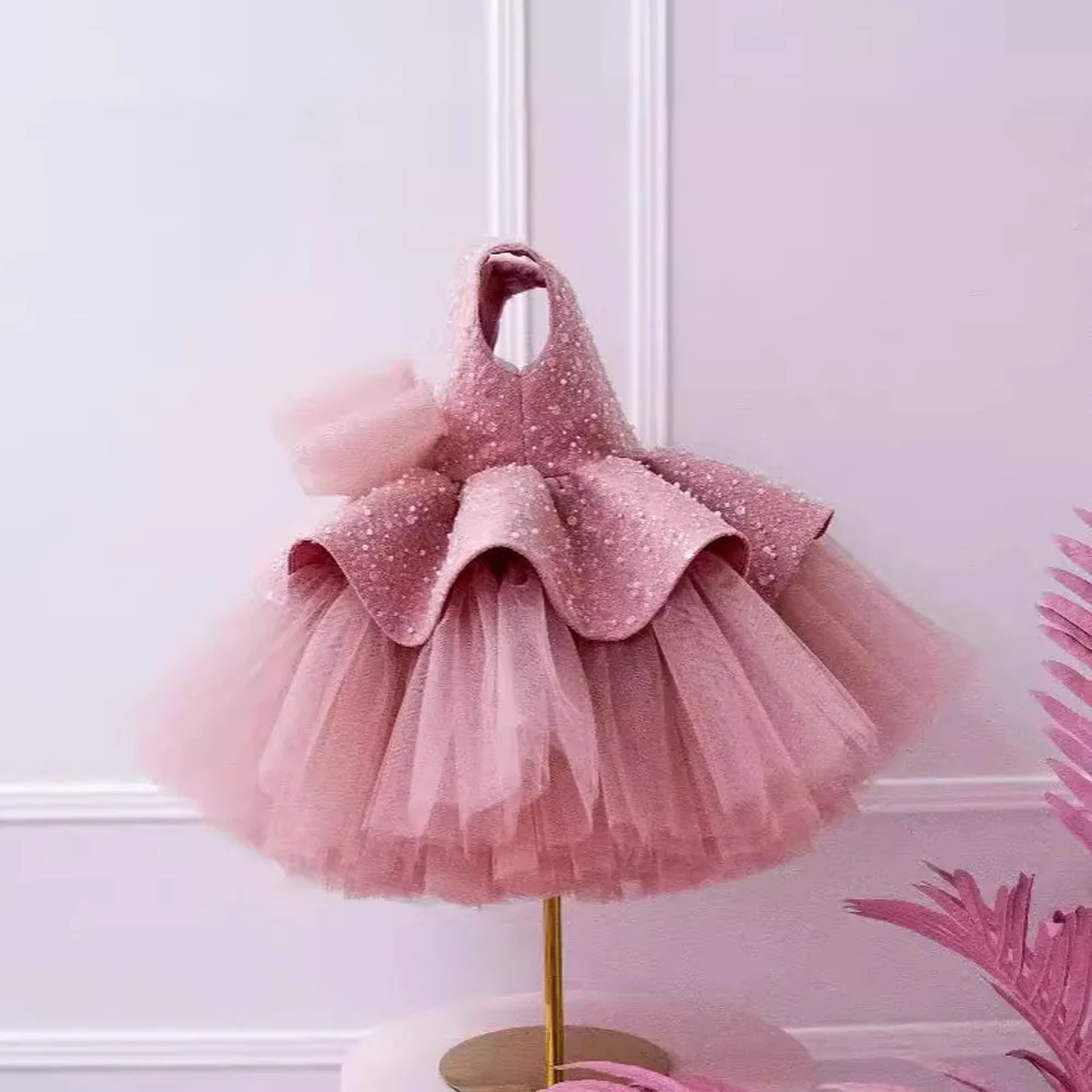 New Arrival Elegant Pink Puffy Kids Party Dress Formal Children Birthday Sequined Flower Girls Gown Baby Tulle Princess Dress