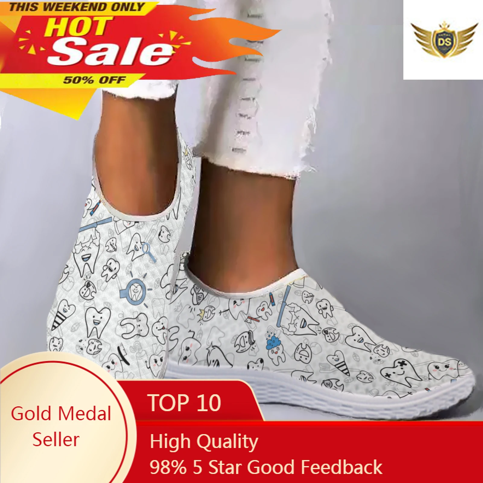 White Cartoon Tooth Design Mesh Shoes para mulheres, respirável, confortável, Flat Walking, Running, Fashion