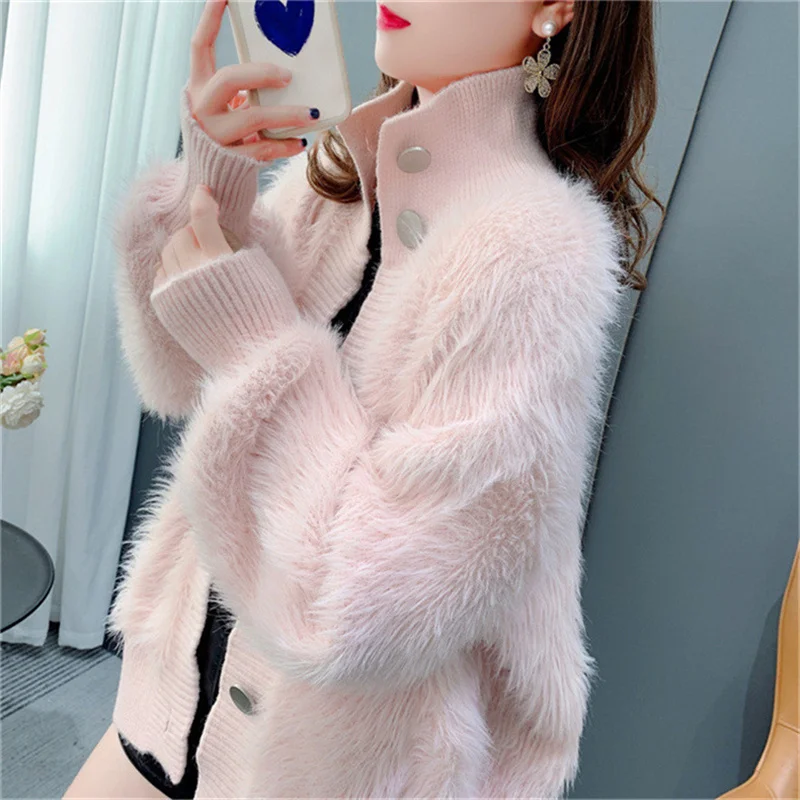 

2023 Autumn Winter Mink Velvet Coat Women Stand-up Collar Knitted Sweaters Cardigan Jacket Thicken Loose Tops Button Outerwear