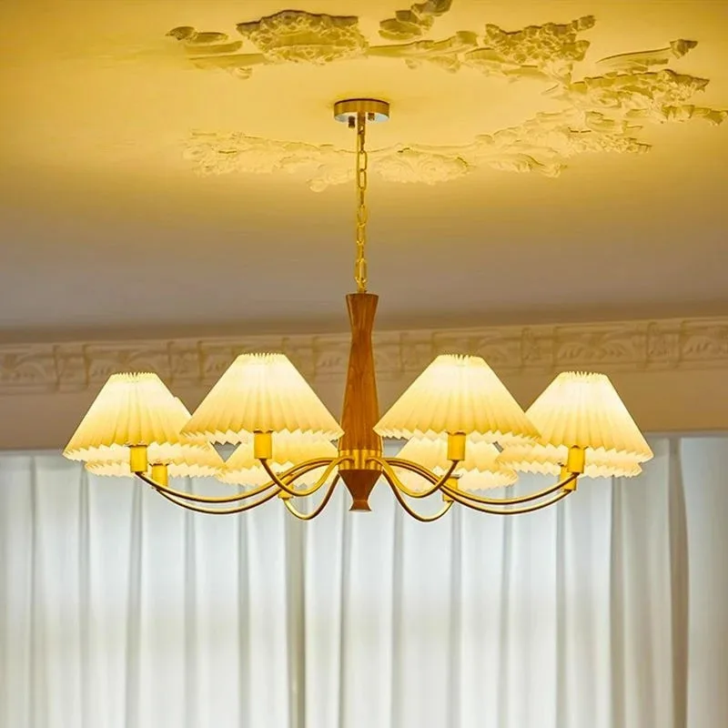 Retro Pleated Led Chandelier American Copper Pendant Light Living Dining Room Food Table Kitchen Bedroom Home Decor Lighting