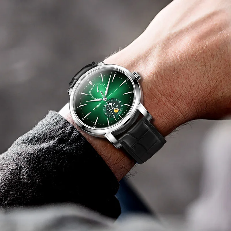 

LOBINNI Мужские кварцевые часы 42 мм Модные наручные часы 30 м Водонепроницаемые светящиеся сапфировые часы с датой 24 часа кожаный ремешок