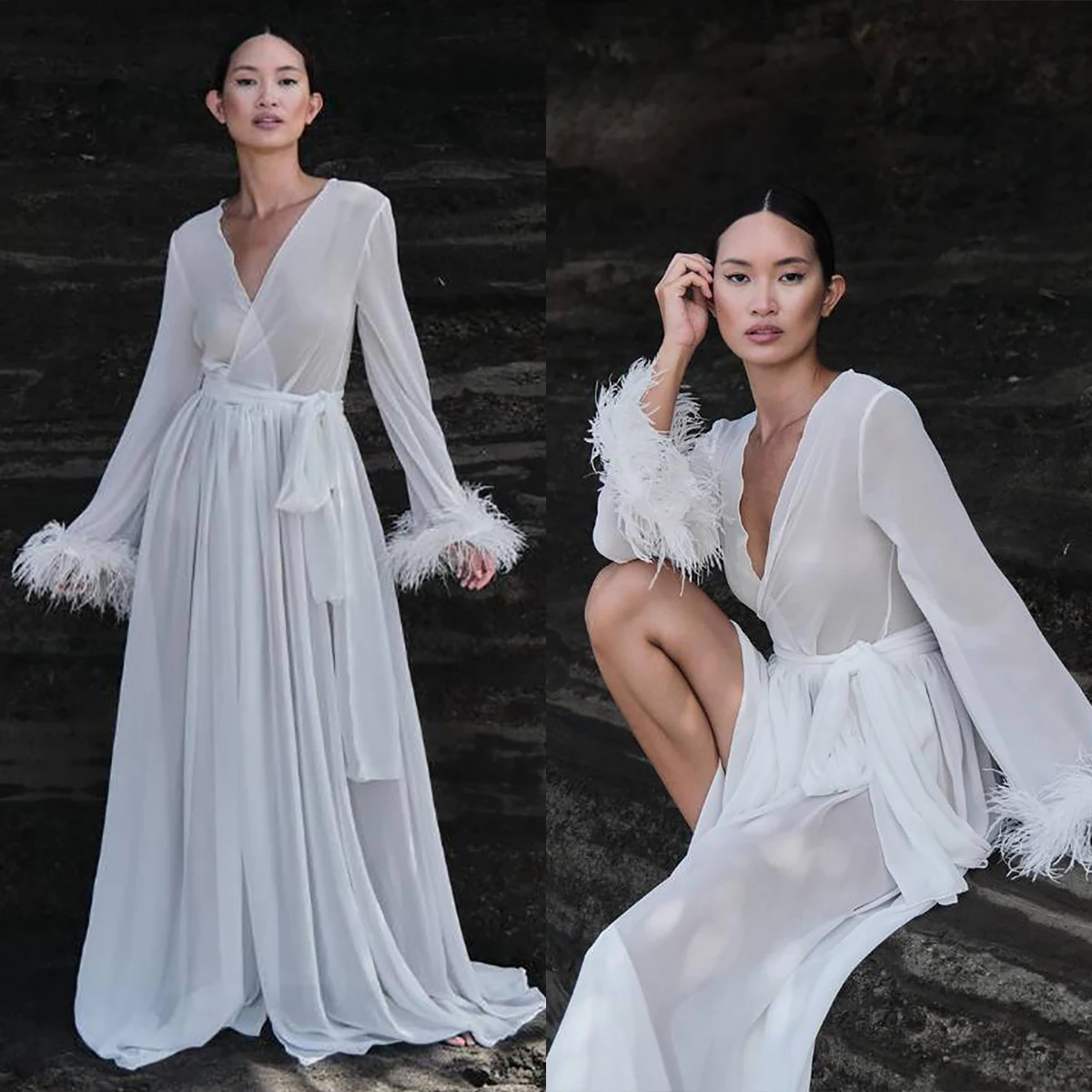 Wedding Party Bride Robes Sleepwear Winter Fur  Long Sleeve Evening Bathrobe Nightwear Custom Made Robe Gowns