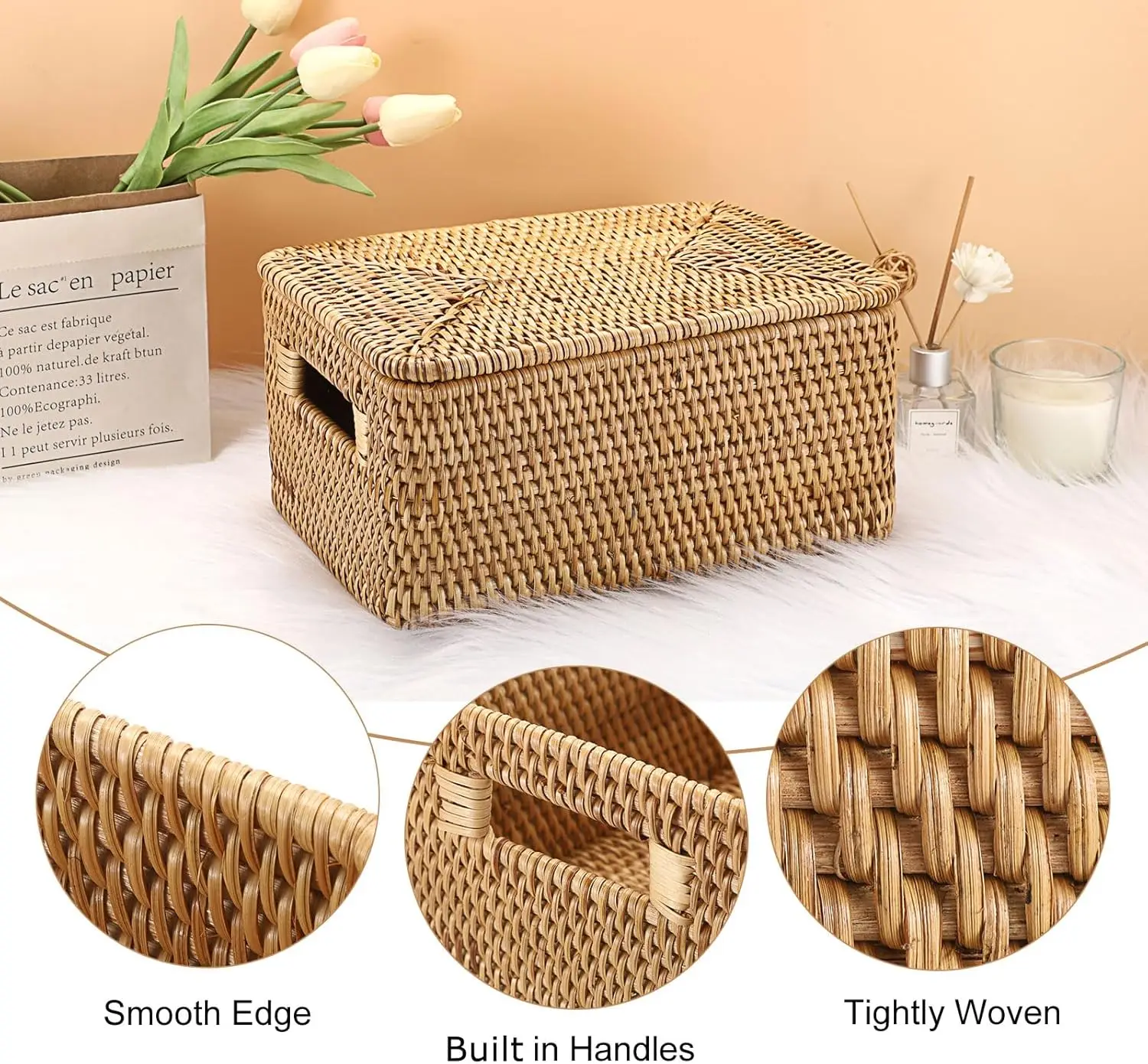 سلة الروطان مع غطاء سلة مستطيلة بغطاء سلة التخزين الخوص الطبيعية المنسوجة يدويا لتنظيم الرف نزهة
