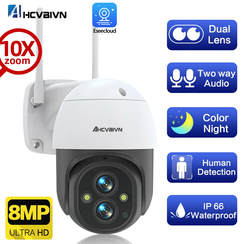 8MP 4K PTZ IP Camera 10x Hybrid Zoom 2.8+12mm Dual Lens WiFi Auto Tracking 4MP 2 Way Audio Security Video Surveillance Camera