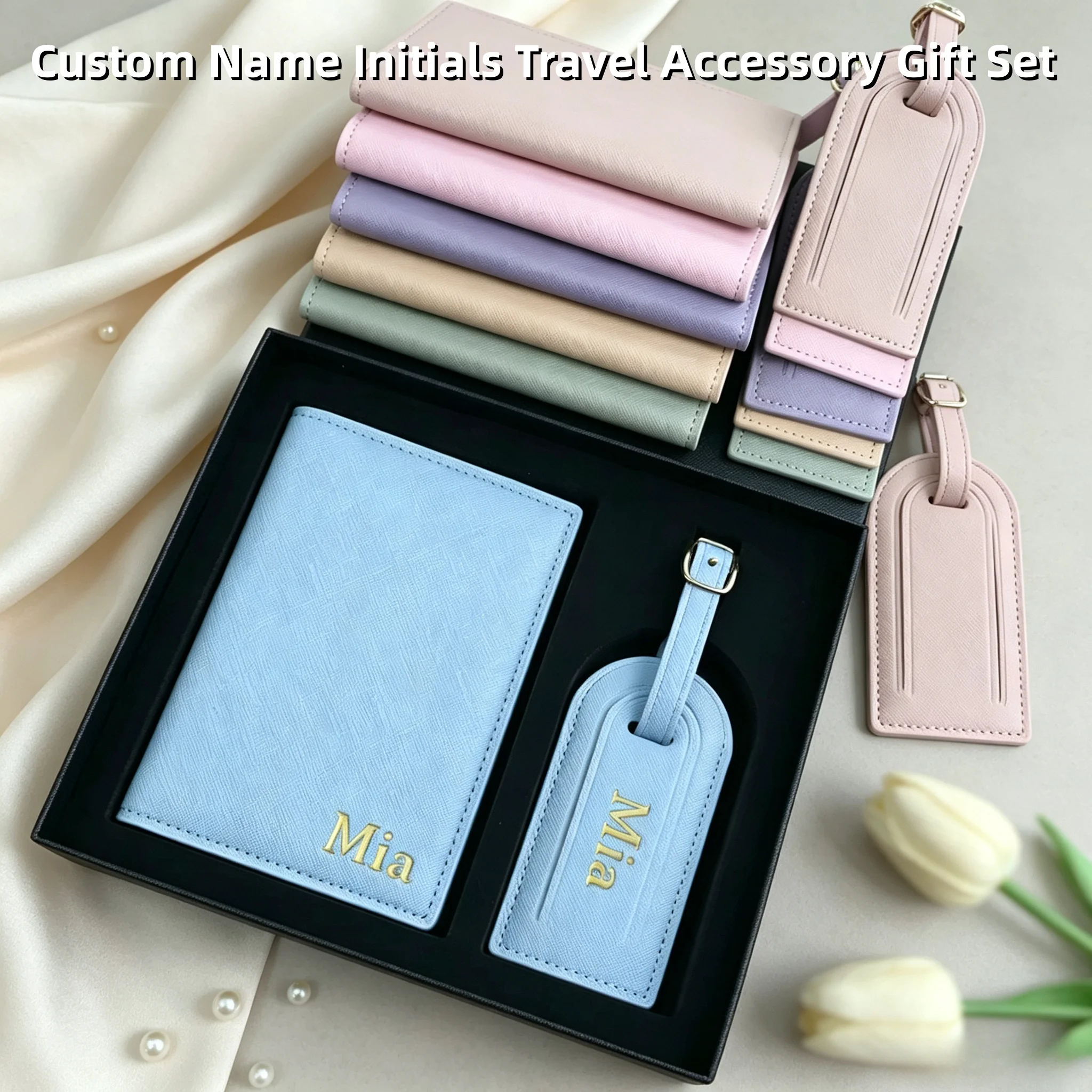 Customized Name Set, Unisex Safiano PU Leather Passport Holder and Luggage Tag Luxury Gift Box for Travel Gifts
