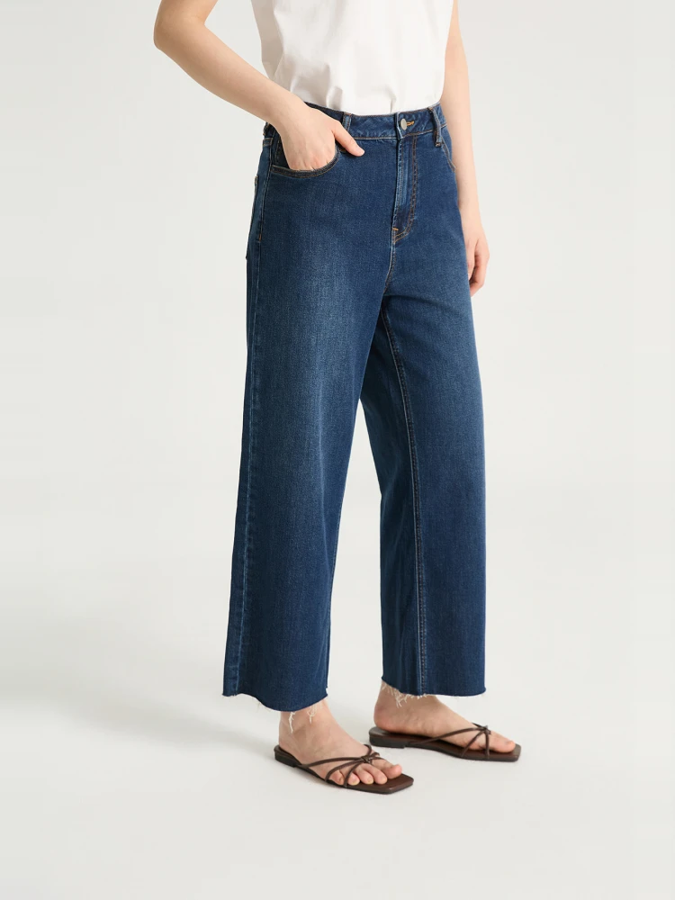 

Comfortable Vintage Deep Blue Slim Fit Jeans Elastic Hem Nine-Tenths Straight Leg Ladies Jeans Modern Style Spring Summer