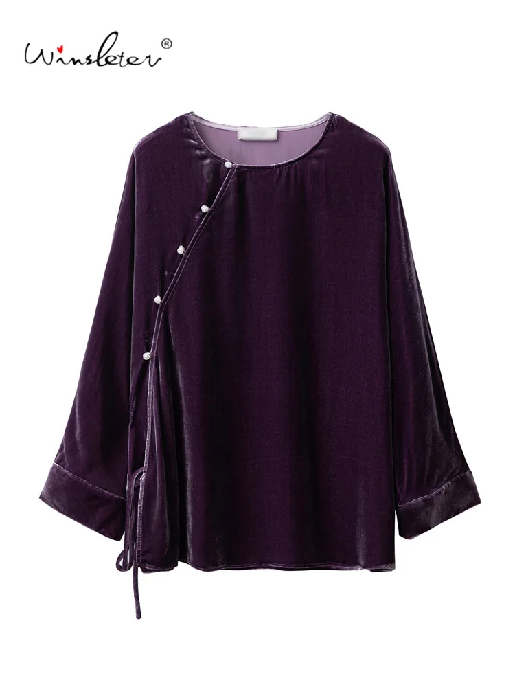 

Элегантная бархатная рубашка Winsleter-Bottom из 100% натурального шелка, кружевная рубашка с круглым вырезом, женская повседневная свободная блузка в стиле ретро, осенняя новинка 2023 года T5O444CC