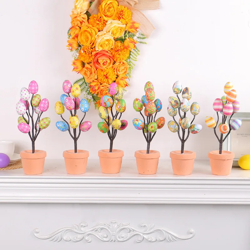 Colorful Easter Eggs Tree Branch DIY Painting Foam Bunny Eggs Potted Fake Plant Easter Home Decorations Table Ornaments Kid Gift