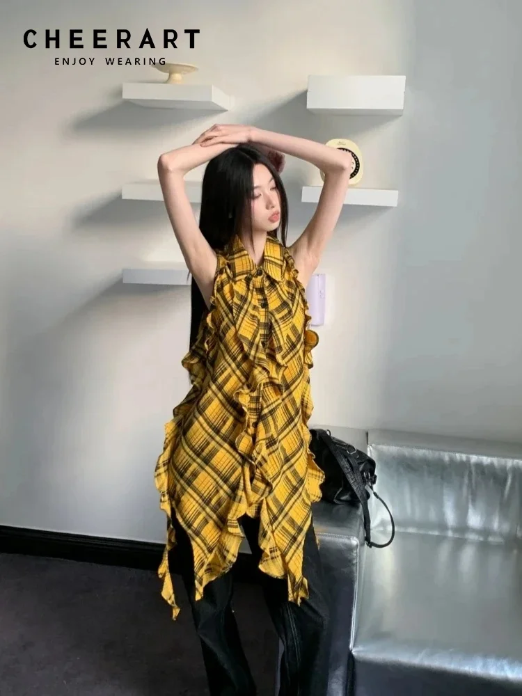 

CHEERART дизайнерские клетчатые желтые рубашки с оборками для женщин, летний топ без рукавов, длинная рубашка с воротником на пуговицах, женская