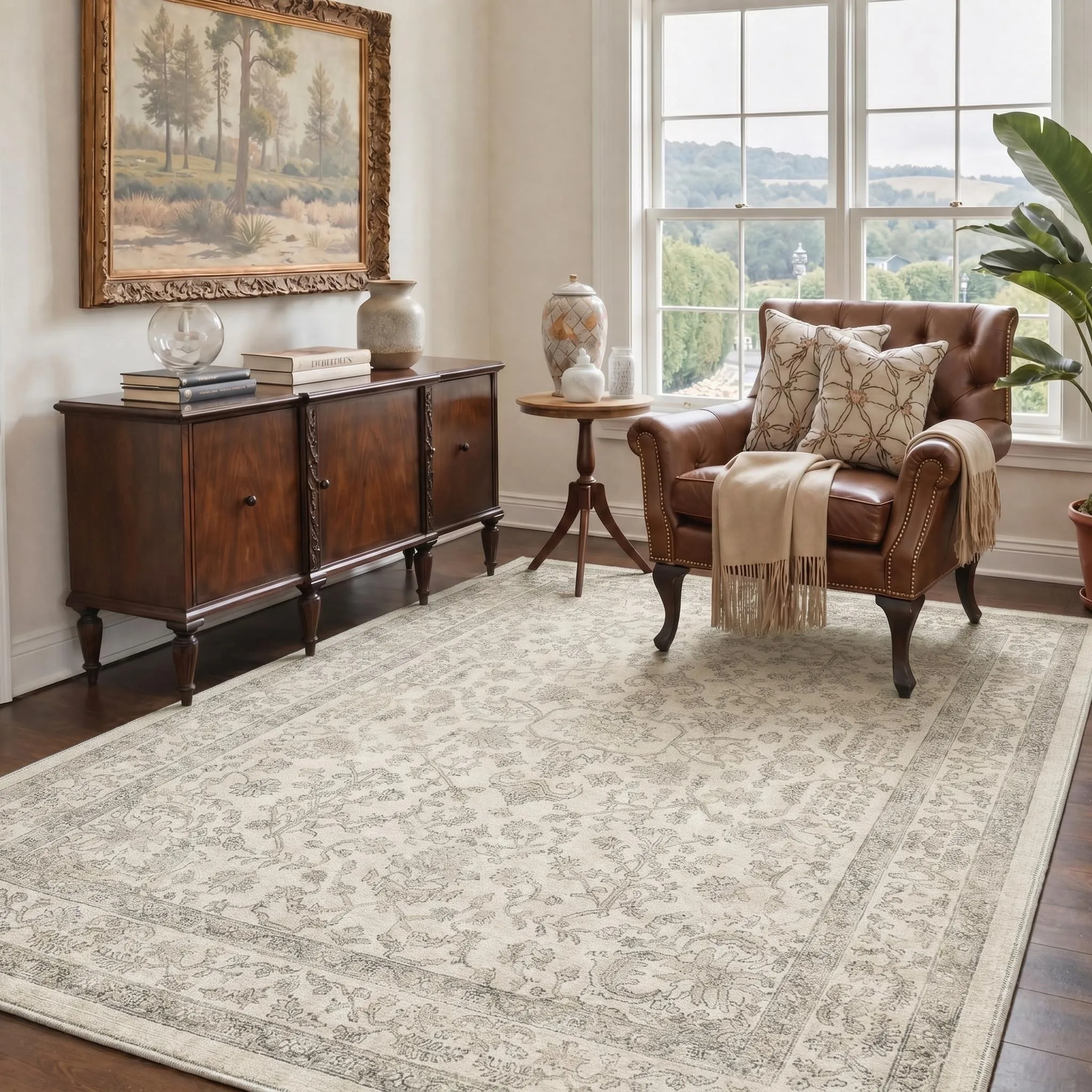 Antique Scrollwork Carpet Muted Tone Ground Covering For Study Library Quiet Atmosphere Enhancement Layer