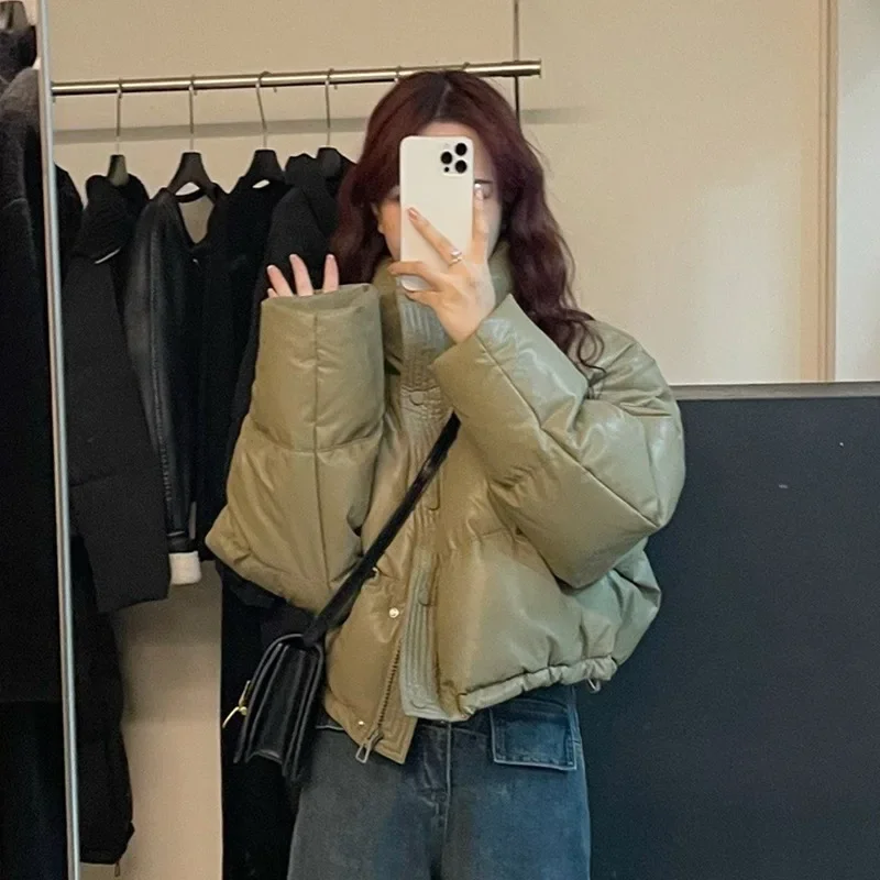 

Winter Pu Leather Cropped Parkas Women Fashion Streetwear Thick Warm Down Jacket Female All Match Zipper Puffty Outerwear