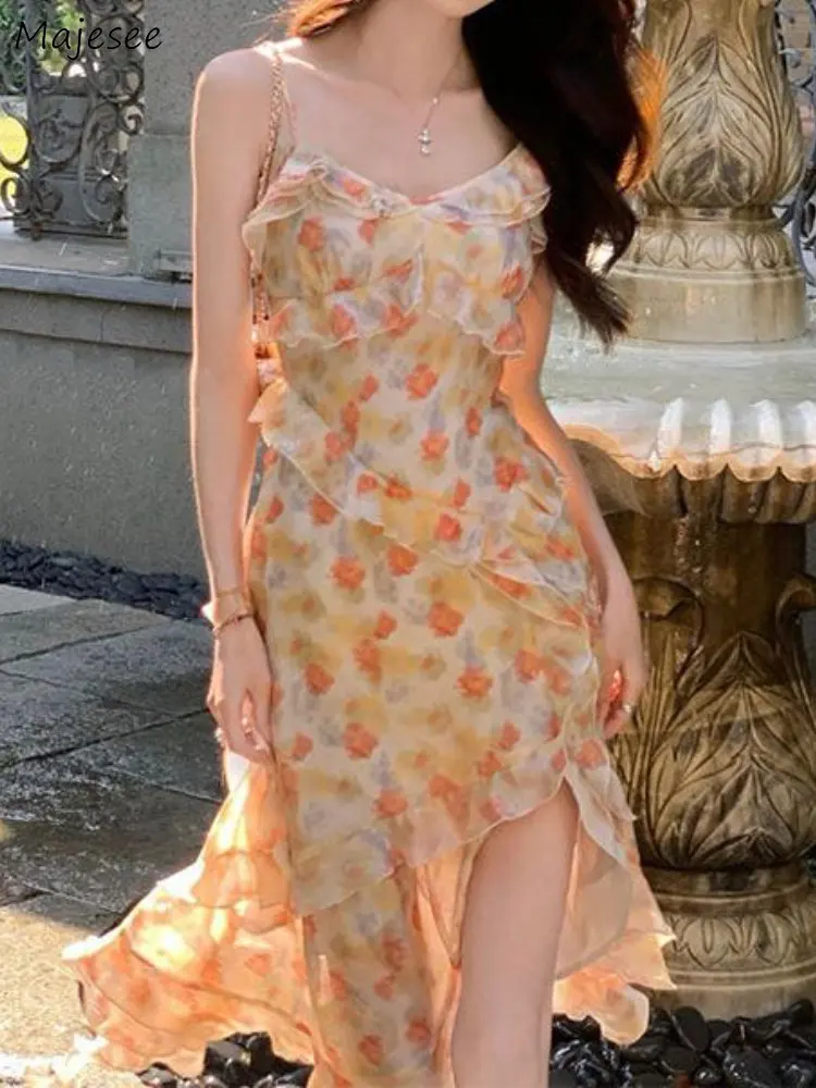 

Платья на тонких бретельках женские с оборками нерегулярный разрез с цветочным принтом летние элегантные корейский стиль сексуальные тонкие миди без рукавов сладкие нежные