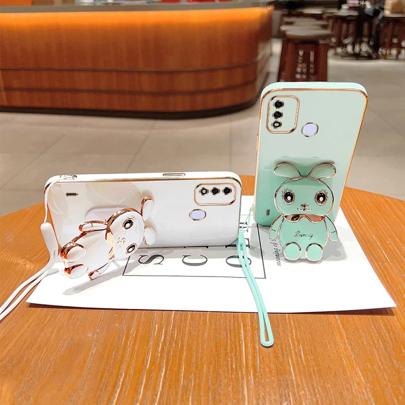 Cute Cartoon Rabbit Fold Stand For Infinix Itel A48 Phone Case With Lanyard Luxury Plating Cover