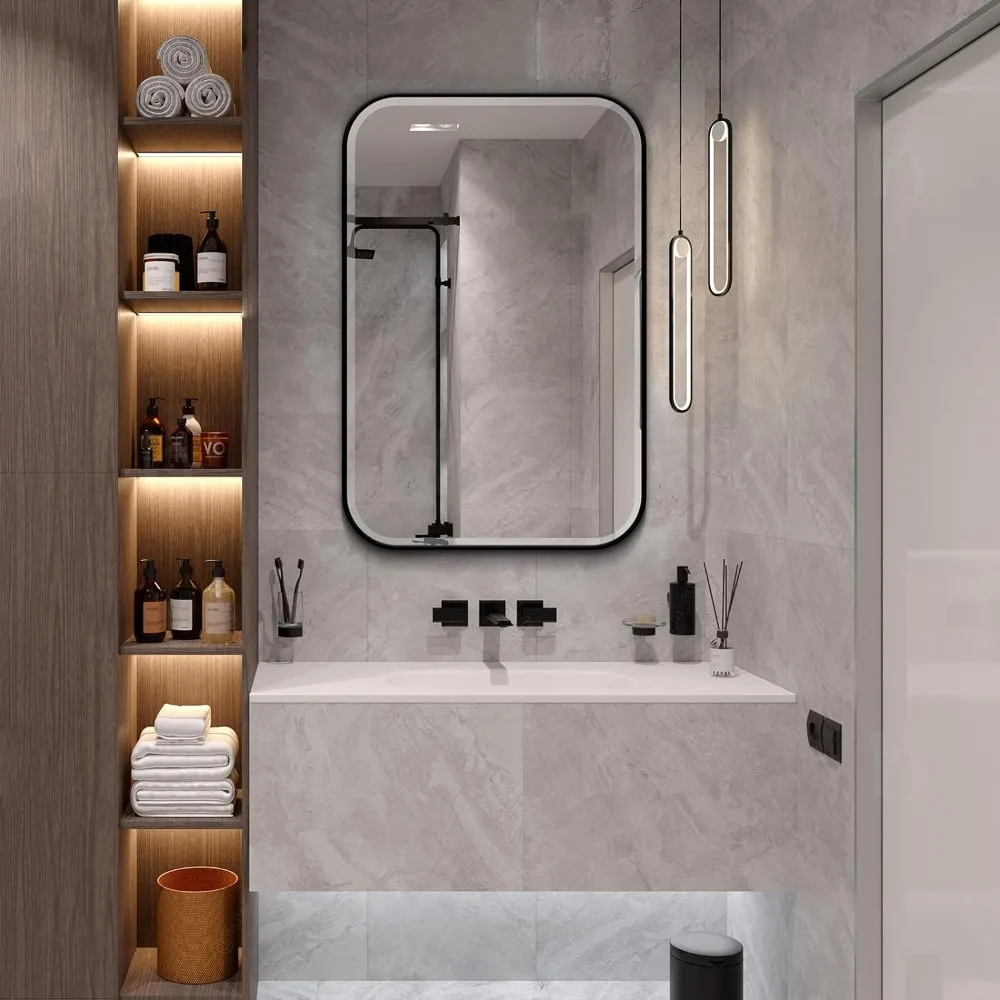 

Mirror Cabinets, Beveled Edge Mirror Door with Round Corner Metal Frame, Recessed and Surface Mount Bathroom Medicine Cabinet