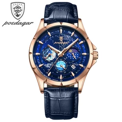 Poedagar Marke Mode blau Sternen himmel Quarzuhr für Männer Luxus Leder wasserdicht HD leuchtenden Chronograph Datum Uhren Herren