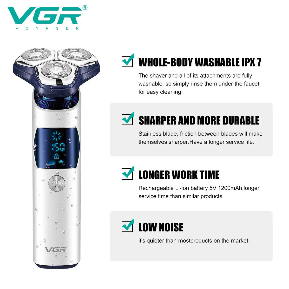 VGR 328 ماكينة حلاقة احترافية للرجال معدنية عائمة بثلاث شفرات ماكينة حلاقة منزلية LED ماكينة تشذيب الشعر الرقمية الذكية