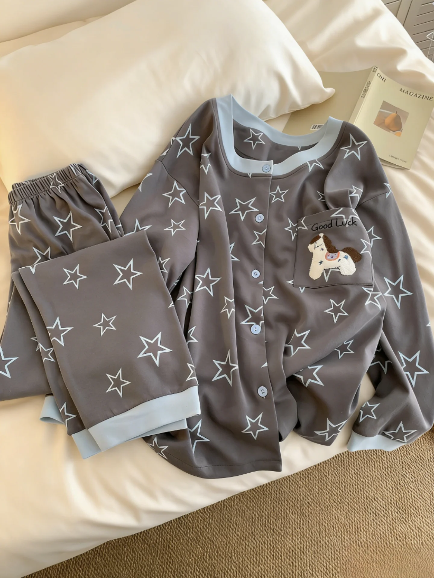 可愛い漫画風スターホース柄純綿パジャマ-レディーススタイル-2026年新作-韓国版-カラーブロック-ルームウェア-ホームウェアセット