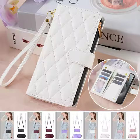Long Lanyard Flip Leather Phone Case For Samsung Galaxy S24 Ultra S23 Plus S22 S21 S20 FE S10 S9 Zipper Wallet Multi Card Cover