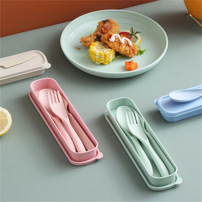 Travel Utensil Set with Case,  Wheat Straw Reusable Spoon Knife Forks Tableware, Eco Friendly Non-toxin BPA Free Portable