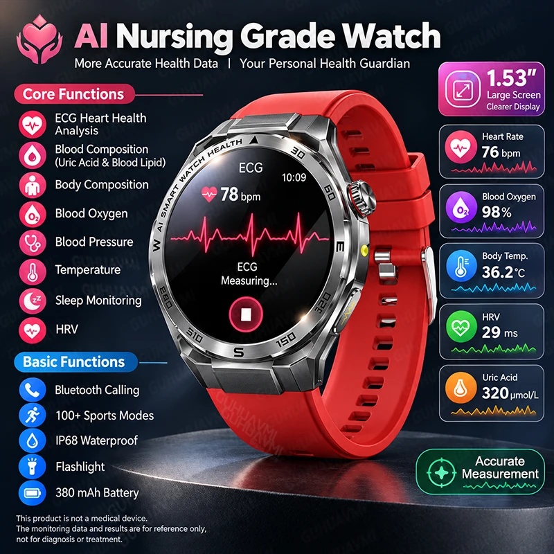 2026New，AI Health Care，Smart Watches For man，1.53-inch AMOLED Screen，ECG，Uric Acid Blood Lipids,Bluetooth Call，Smart Watch Women