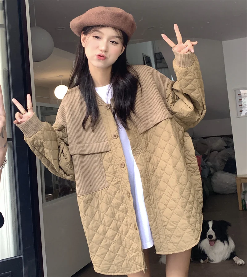 Korean Style Women's Lightweight Coat 2023 New Autumn Winter Loose Cloth Knit Patchwork Jacket Lady Casual Plaid Outerwear