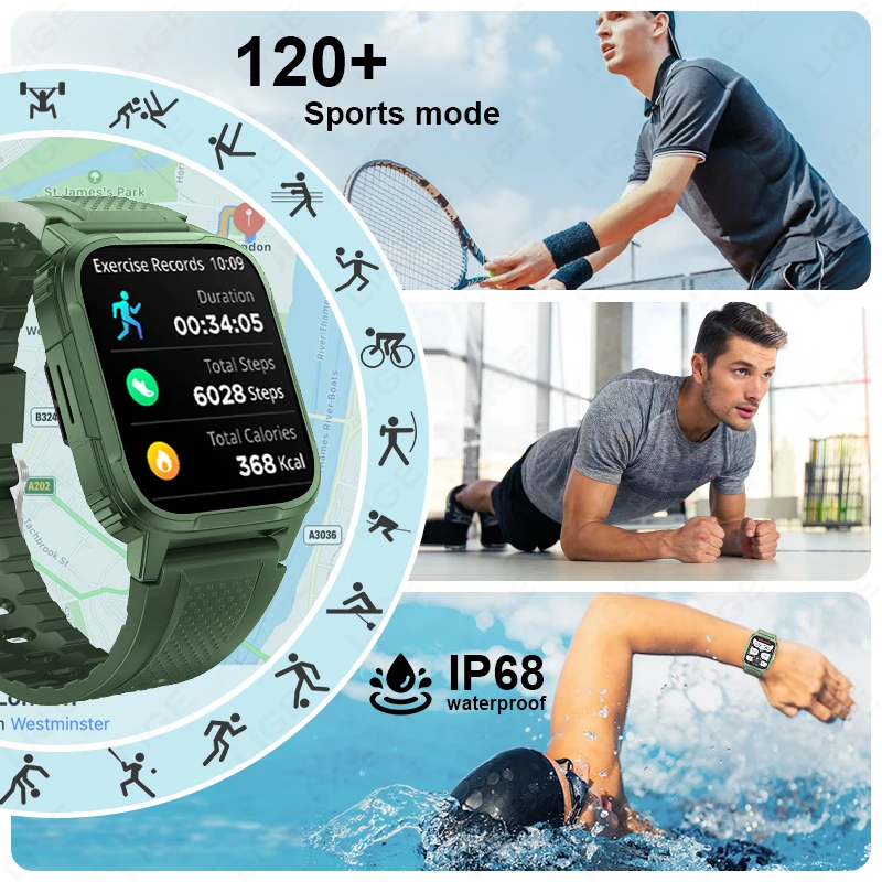 LIGE Smart Watch Men Outdoor Watches lP68 Waterproof 1.95\