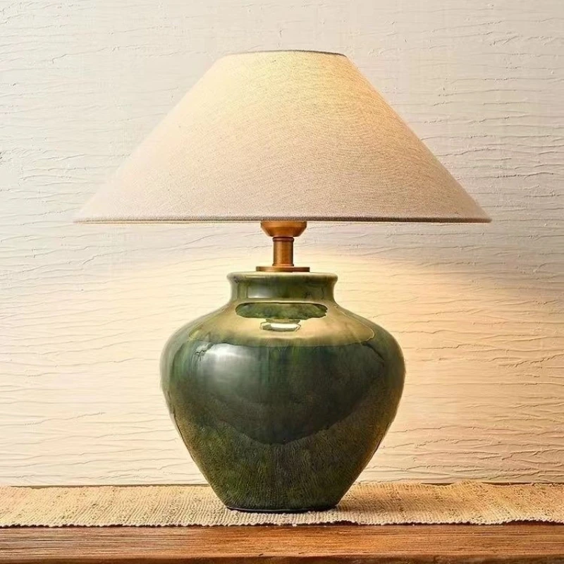 SANDYHA Retro Japanese Ceramic Floor Lamp with LED Light Stylish Fabric Shade Perfect for Bedroom Living Room Study Home Decor
