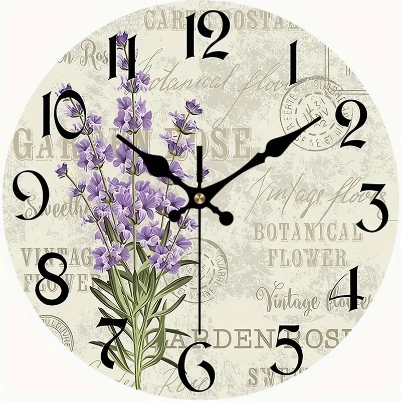 2D Flat. 1pc, Vintage Wooden Wall Clock, Purple Floral Design, Silent Round Clock for Home Decor, Perfect for Bedroom, Living Room, Office, Kitchen, and Bathroom, 30.48 cm, AA Batteries Not Included, 2D Flat
