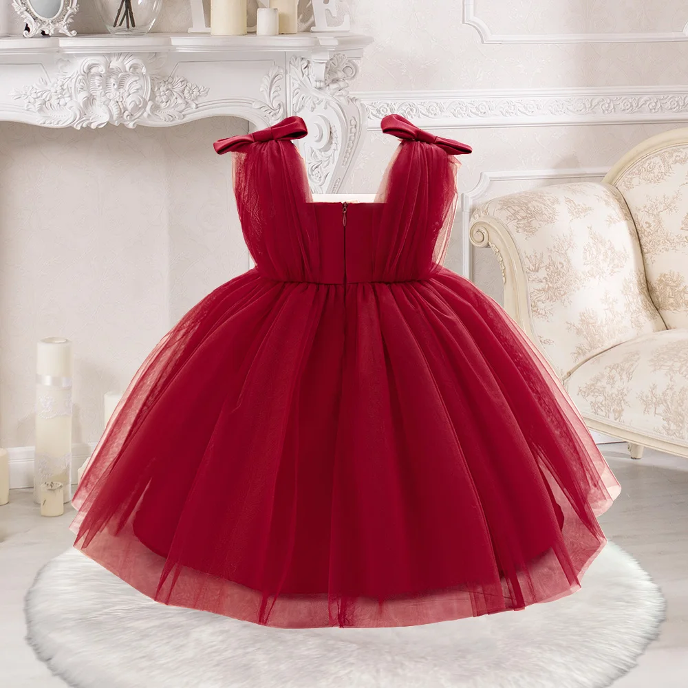 Infant Christmas Bow Baby Girls Party Dresses Elegant Tulle Pink 1st Birthday Princess Prom Dress for Kids Gala Wedding Costume