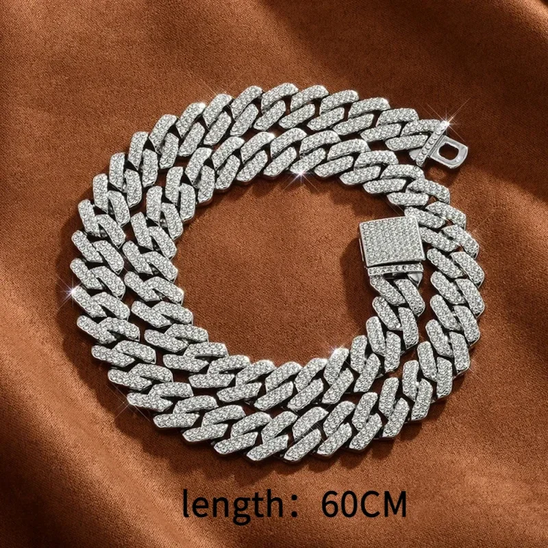 Fashionable luxury light box buckle 14mm strip domineering fully inlaser zircon Cuban chain bracelet necklace MEN'S jewelry image 2