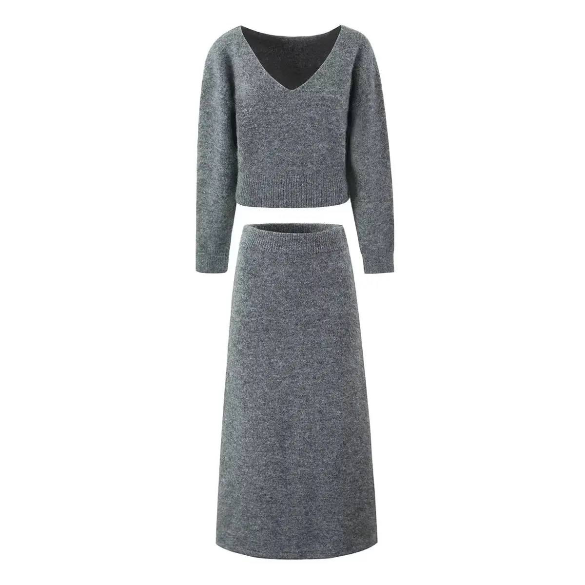 Autumn and winter new style lazy knitted suit for women V-neck pullover sweater with mid-length skirt