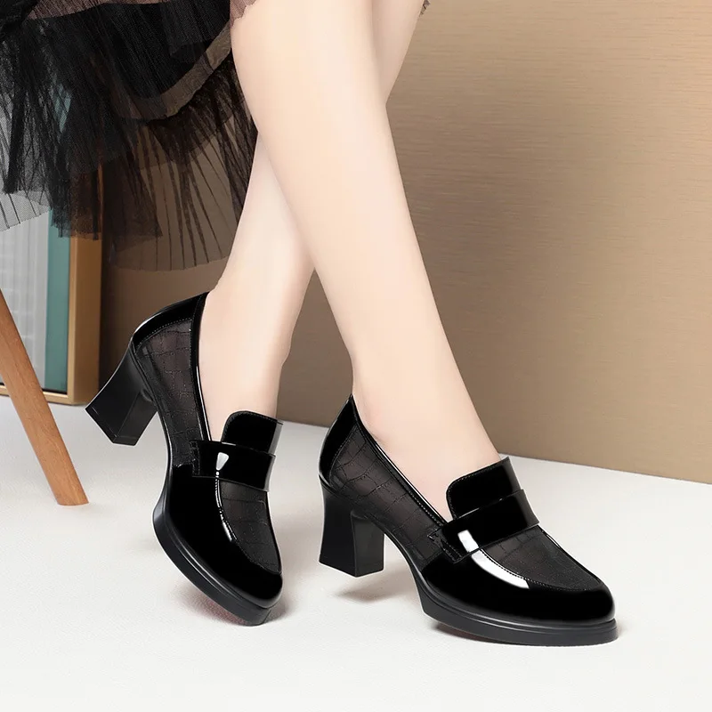 

British Style Single Shoes for Women Fashion High Heels Waterproof Thick Heel Loafers Mesh Breathable Leather 6cm Platform Shoes