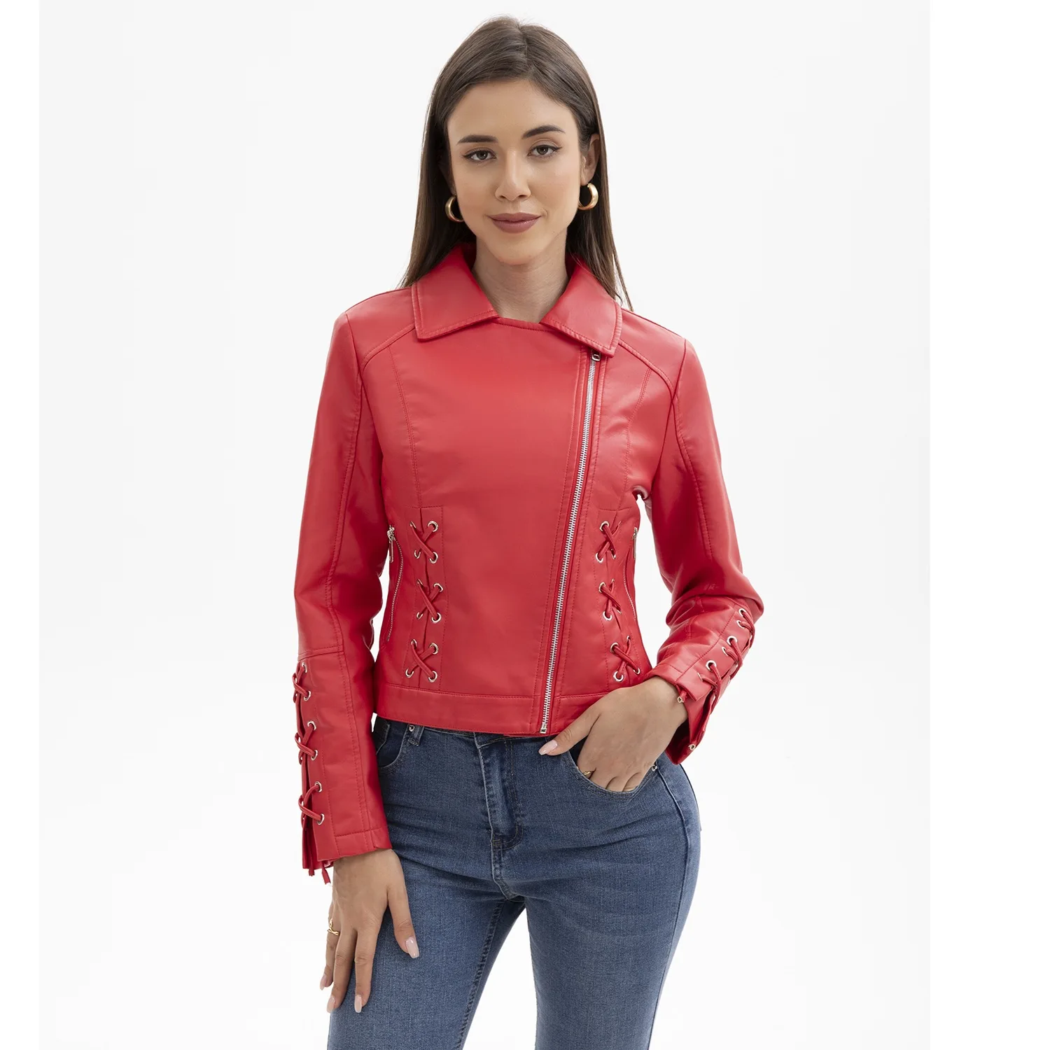 Chaqueta de piel sintética para mujer, abrigo de otoño Vintage para motociclista, prendas de vestir exteriores con cuello vuelto y cremallera, abrigo, ropa de calle