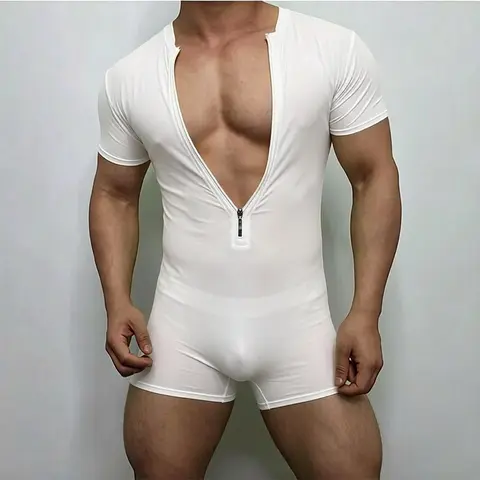 Men's Sexy Deep V Zipper Bodysuit Short Sleeve Tight One Piece Romper Breathable Elastic Jumpsuit For Men Gym Lingerie Nightwear