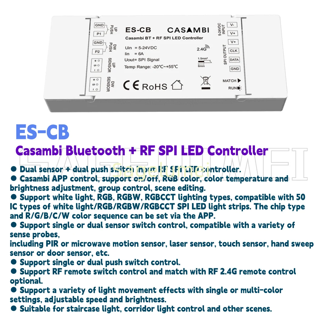 Skydance Casambi Bluetooth + RF SPI LED Controller Dual sensor dual push switch ES-CB for White/RGBW/RGBCCT SPI LED light strips