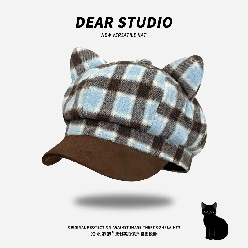Japanese Cute Cat Ear Plaid Octagonal Newsboy Cap for Women Beret Autumn and Winter Street Art Versatile British Painter Hat