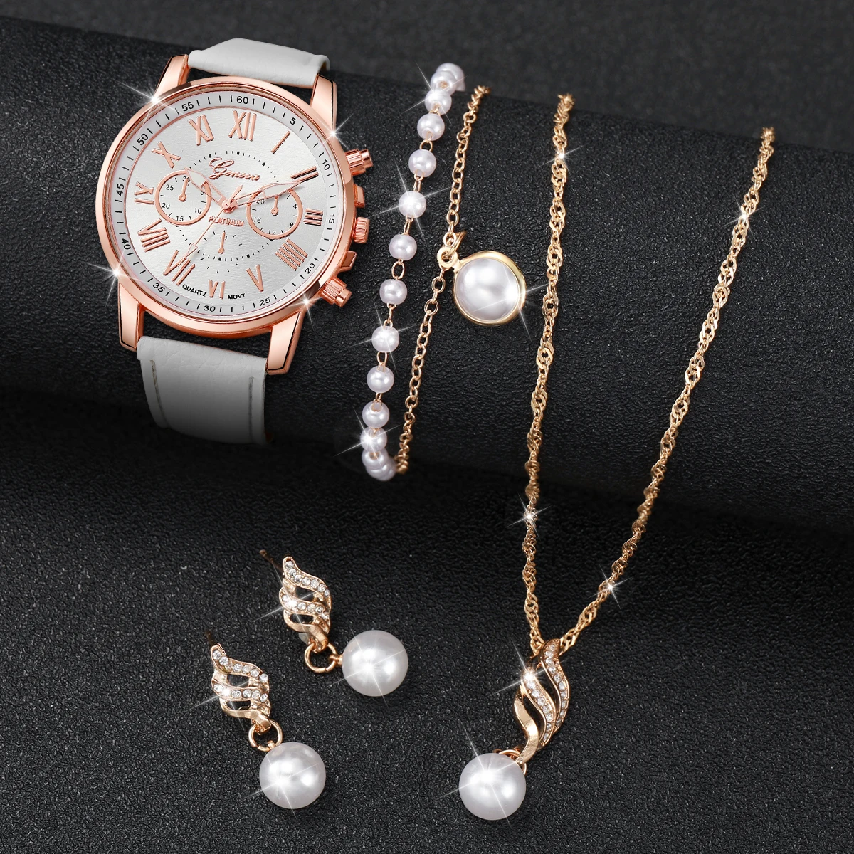 5PCS/Set Women\'s Watch Fashion Roma Dial Leather Band Quartz Watches Pearls Jewelry Set(Without Box)