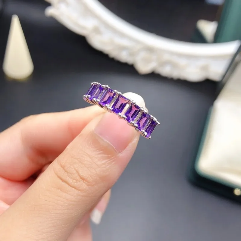 Pure Amethyst 3X5mm Rectangle Shape Natural Amethyst Ring 925 Sterling Silver Crystal Jewelry for Daily Wear