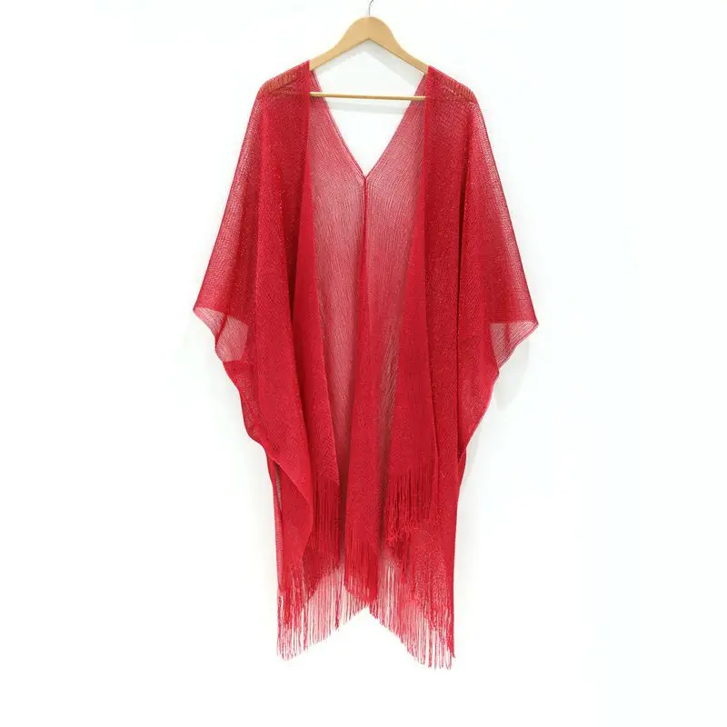 

Beach Cape Cloak Women Fine Mesh Weaving Poncho Seaside Holiday Spring and Summer Lady Gold slit Bikini Beach Coat Shawl Red