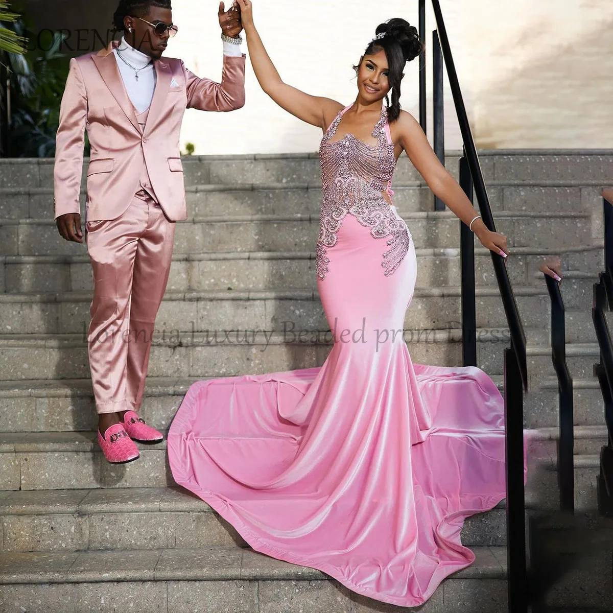 Vestidos de graduación de sirena con cristales rosas, vestido de fiesta de noche con espalda abierta de diamantes de imitación para niñas negras, bata Formal, elegante, 2024