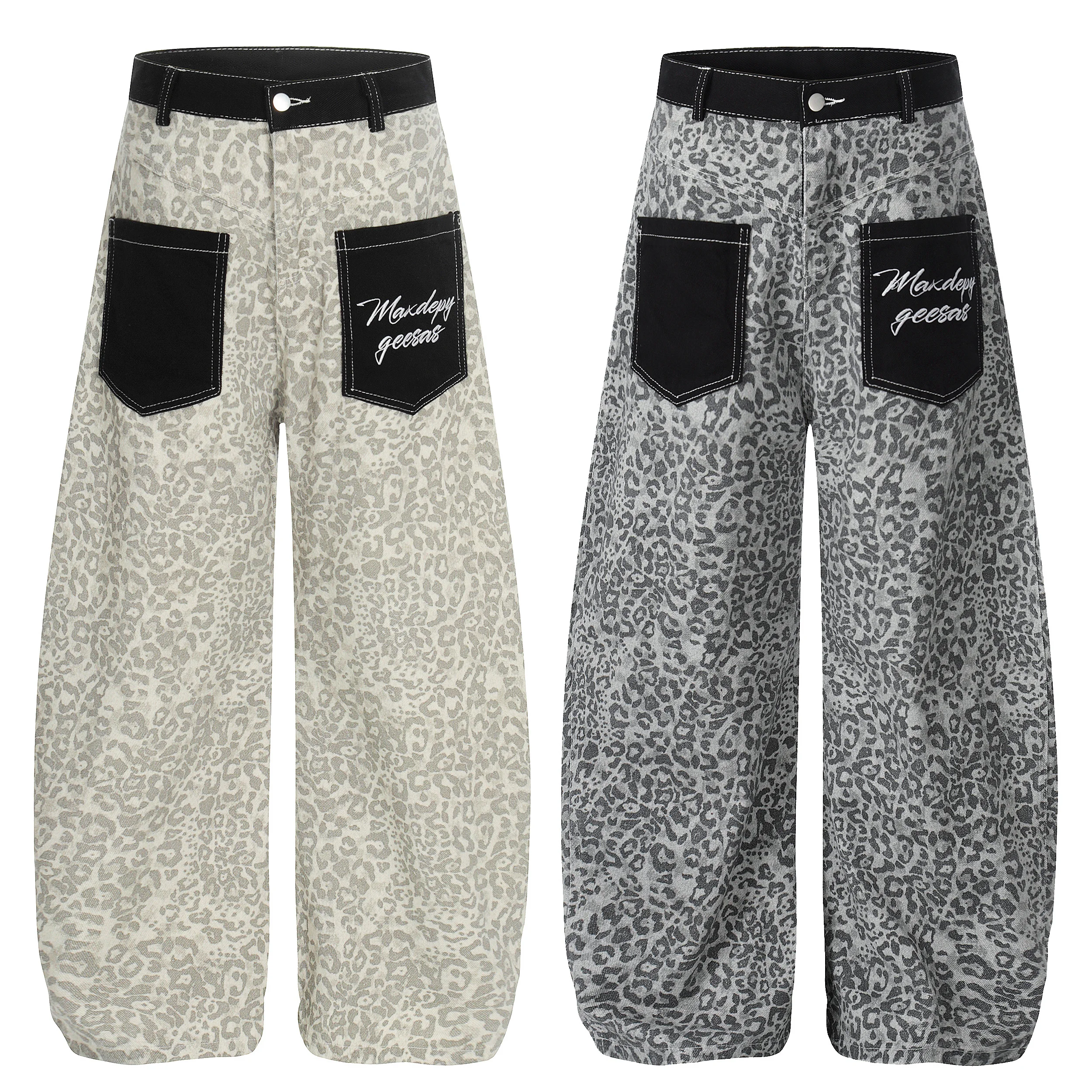 

Ретро-джинсы в американском уличном стиле с леопардовым принтом, цветными блоками и вышивкой, свободные, повседневные, с широкими штанинами