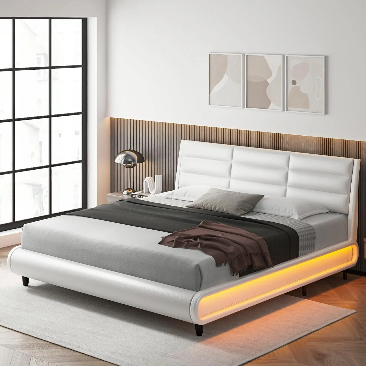 Upholstered Bed Frame with Smart LED, PU Low Profile Sleigh Platform Bed with Adjustable Headboard, Modern Mattress Foundation