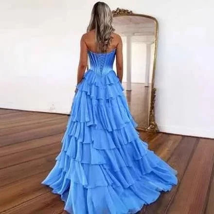 Retro Strapl Vestido de Noite Par Princ Saia Vestido Em Camadas de Renda Longo Dr Fenda Maxi Dr sem Sve Cintura Reunida