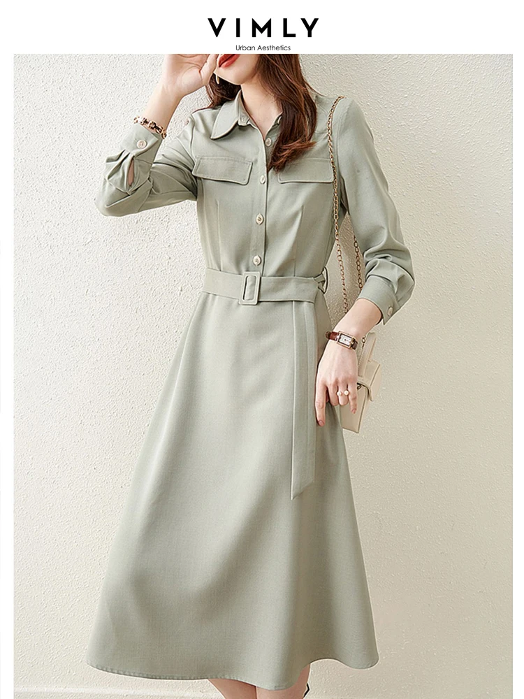 

Vimly Button Down Shirt Dresses for Women 2023 Autumn Luxury Elegant Lapel Belted A Line Long Sleeve Dress Female Clothes V1517