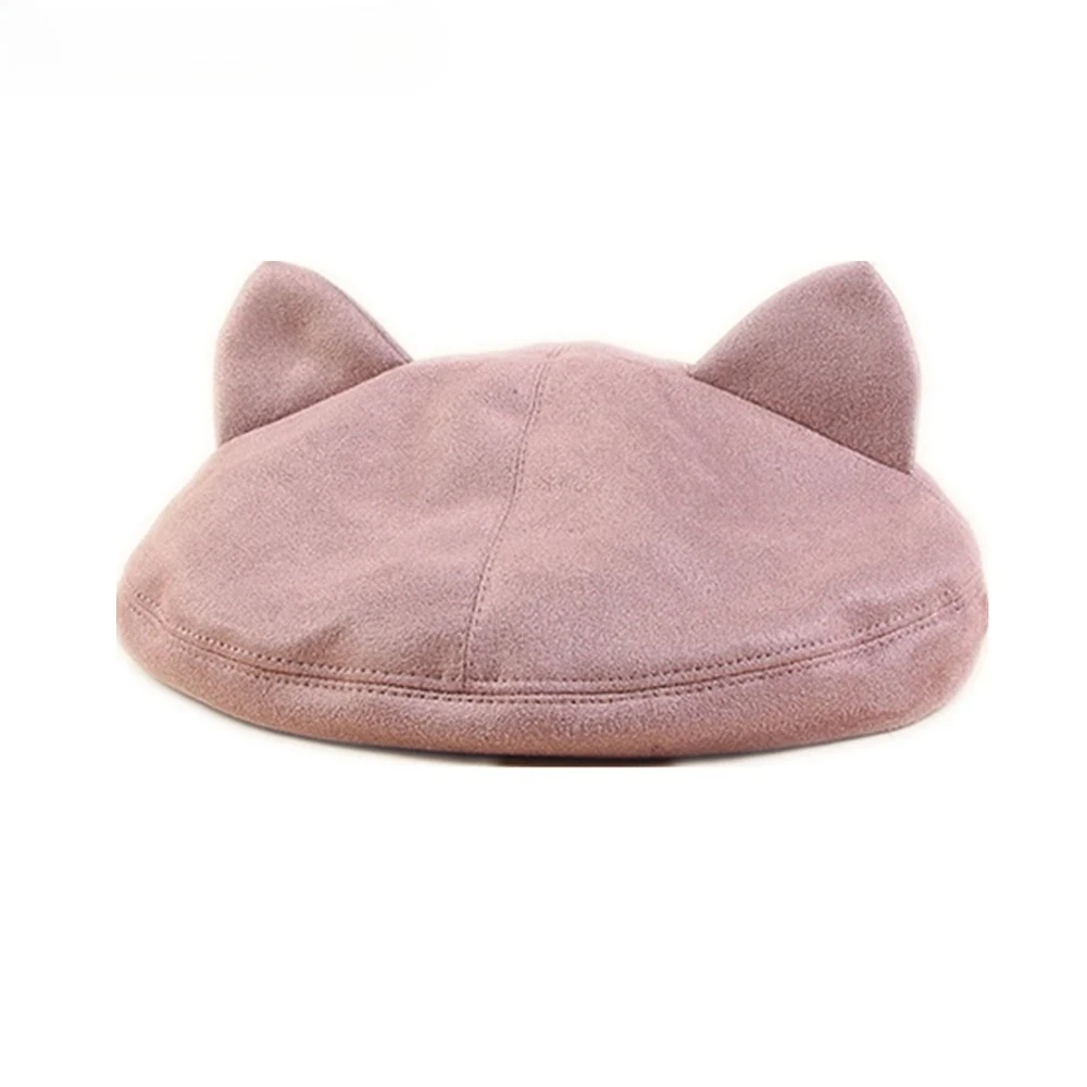 

Pink Hat with Ears Women Yellow Suede Beret Hat Female Autumn Winter Brand New Kawaii Berets Caps for Women Fashion Design