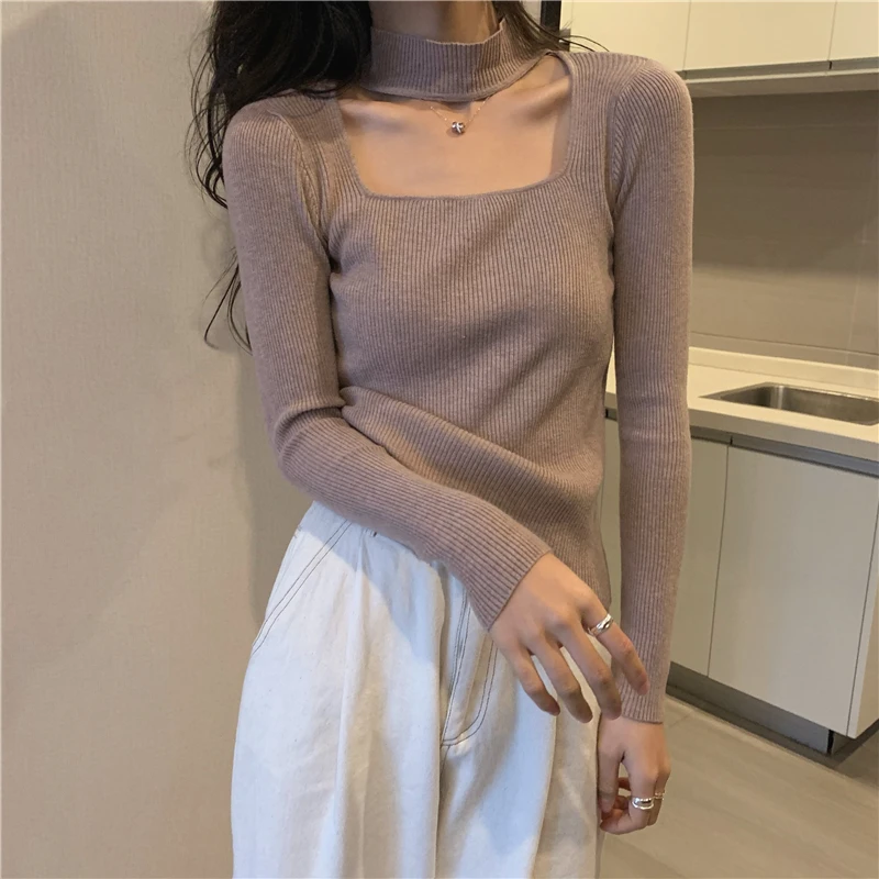 Long Sleeve T-shirts Women Halter Knitted Spring Design Fashion Retro Slim Sexy Popular Tops 8 Colors Leisure Simple Cozy Femme