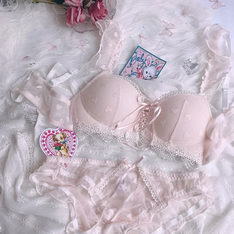Conjunto de sujetador de vendaje Sexy japonés para mujer, ropa interior sin costuras Lolita, bragas, ropa Kawaii, lencería para mujer, azul, rosa, nuevo, 2022
