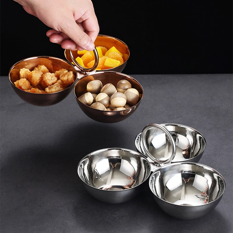 3-Compartment Stainless Steel Snack Bowl Divided Serving Tray for Fruit Nut Candy Reusable Partition Dish for Home Office Picnic